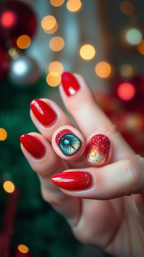 Short nails with red cat eye nail art, shimmering in the light, set against a festive holiday background.